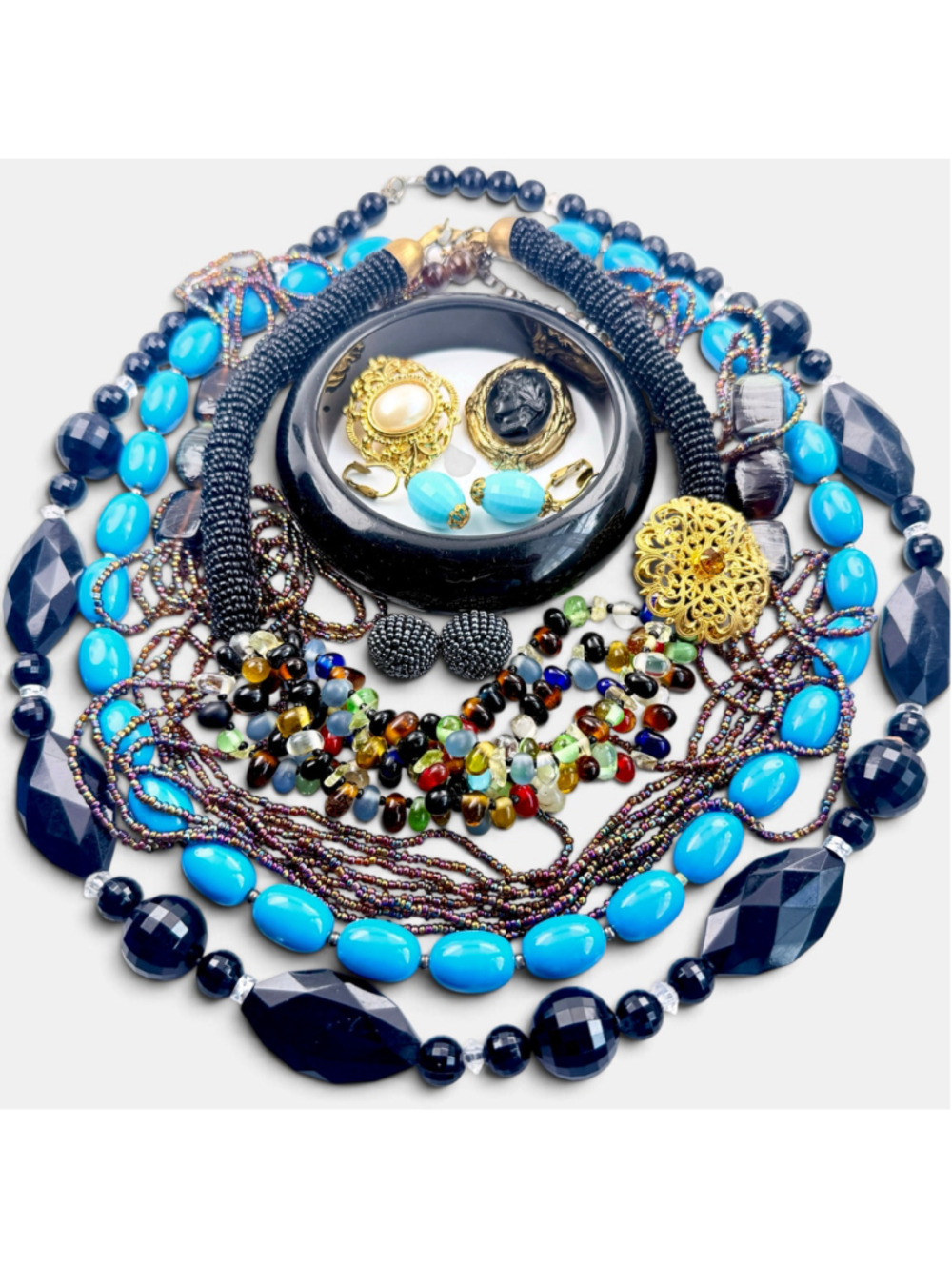 Vintage Jewelry Lot Glass Bead Necklaces Brooches Earrings Bangle